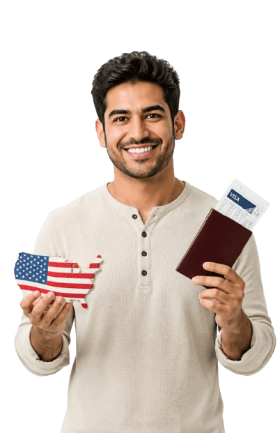 A man holding a paper cut-out of the United States in the flag's stars and stripes, and a passport with travel documents tucked inside.